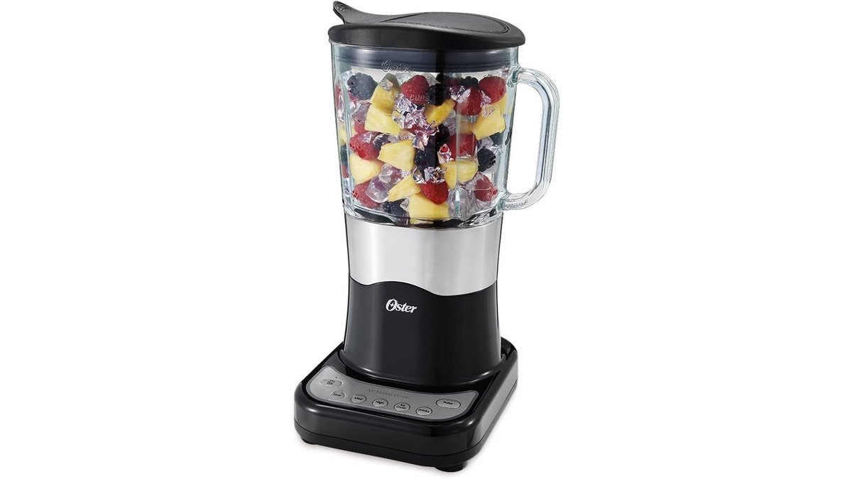 Black countertop blender with glass jar on a kitchen counter