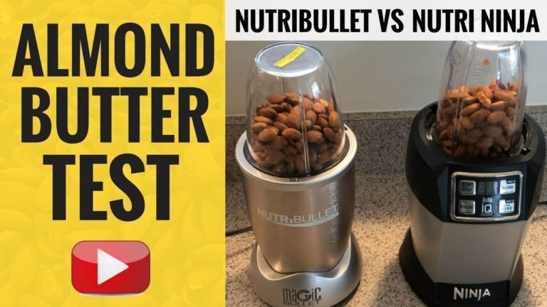 Bullet blender with almonds and milk on a kitchen counter