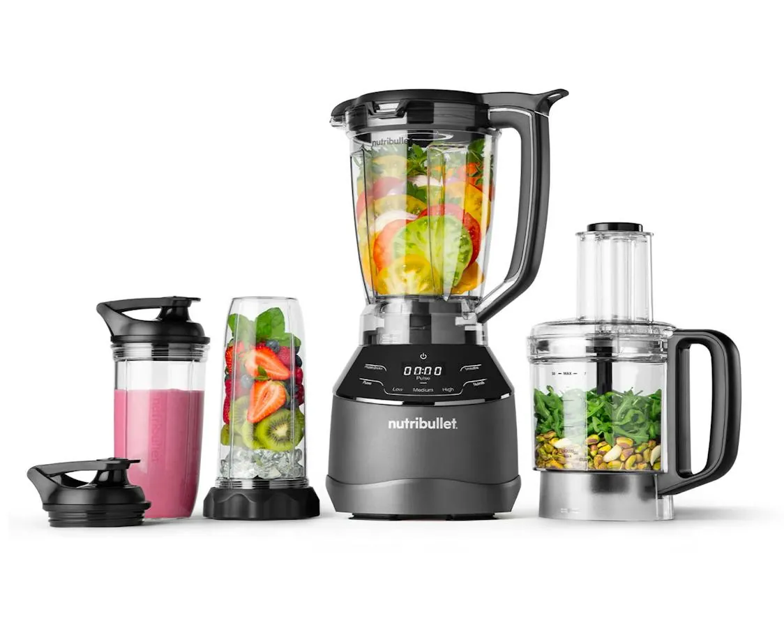 Bullet blender and food processor side by side on counter