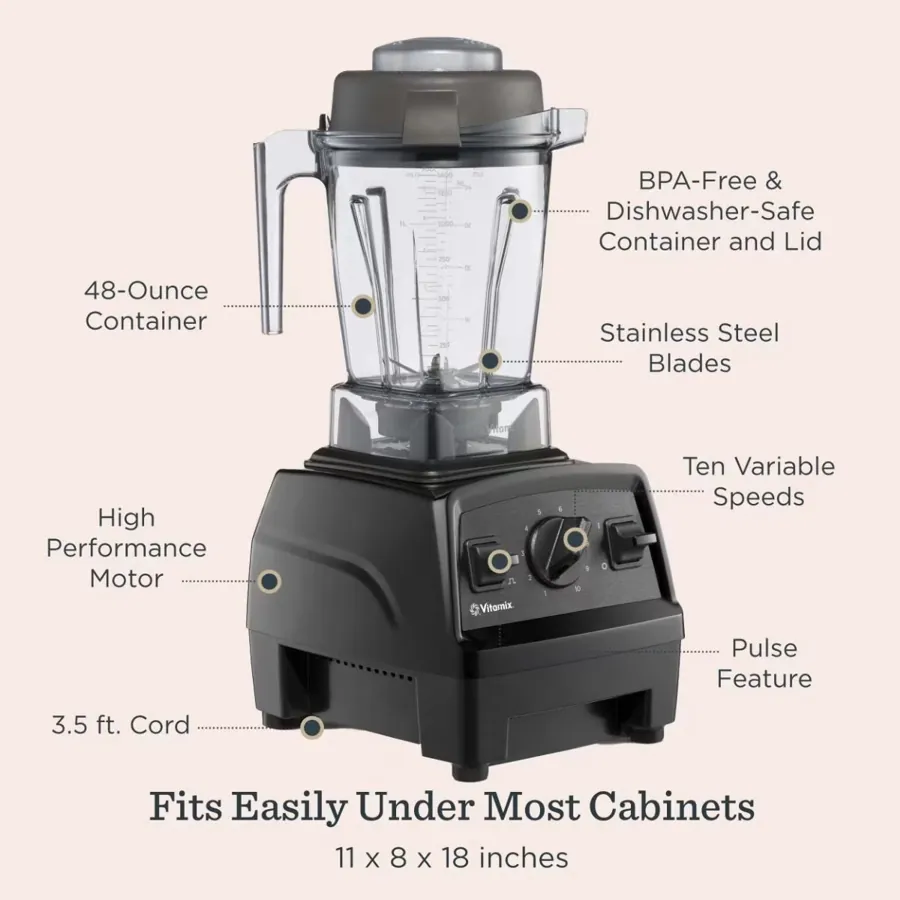 Cleaning supplies like a brush and soap are arranged for maintaining a blender container properly.