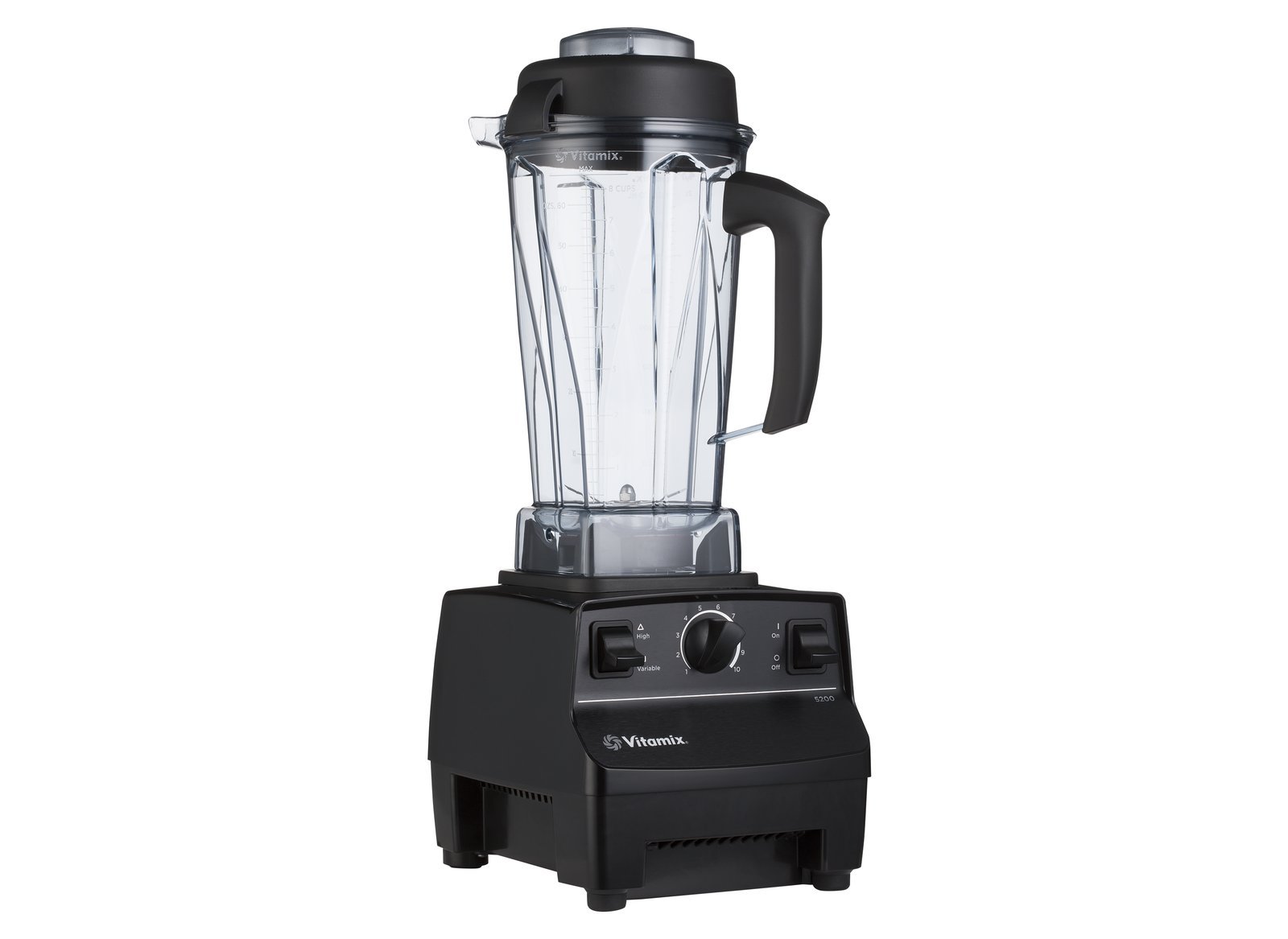 Clear blender container standing beside a white Vitamix 5000 motor base