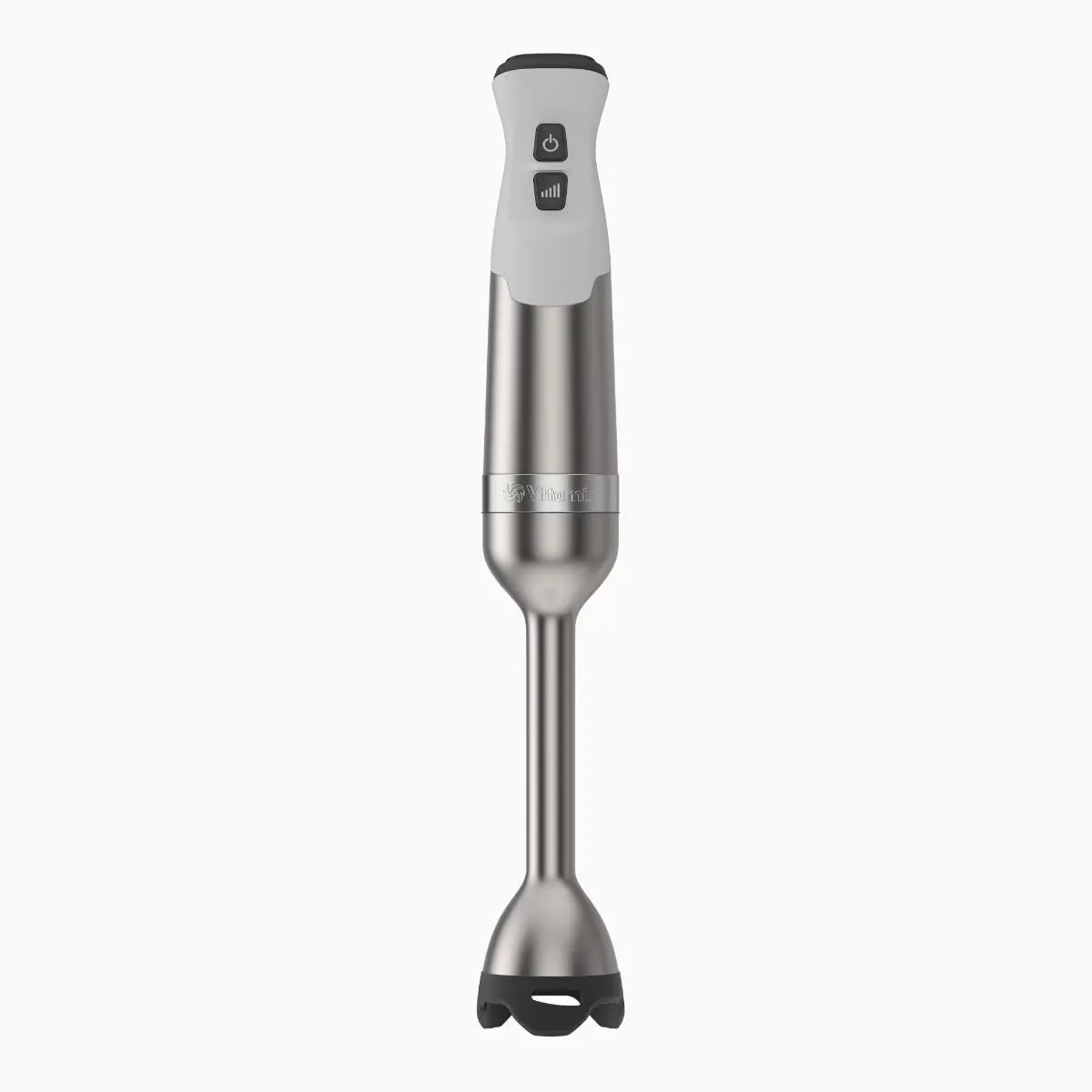 Close up shot highlighting the high-quality stainless steel blades of the immersion blender.