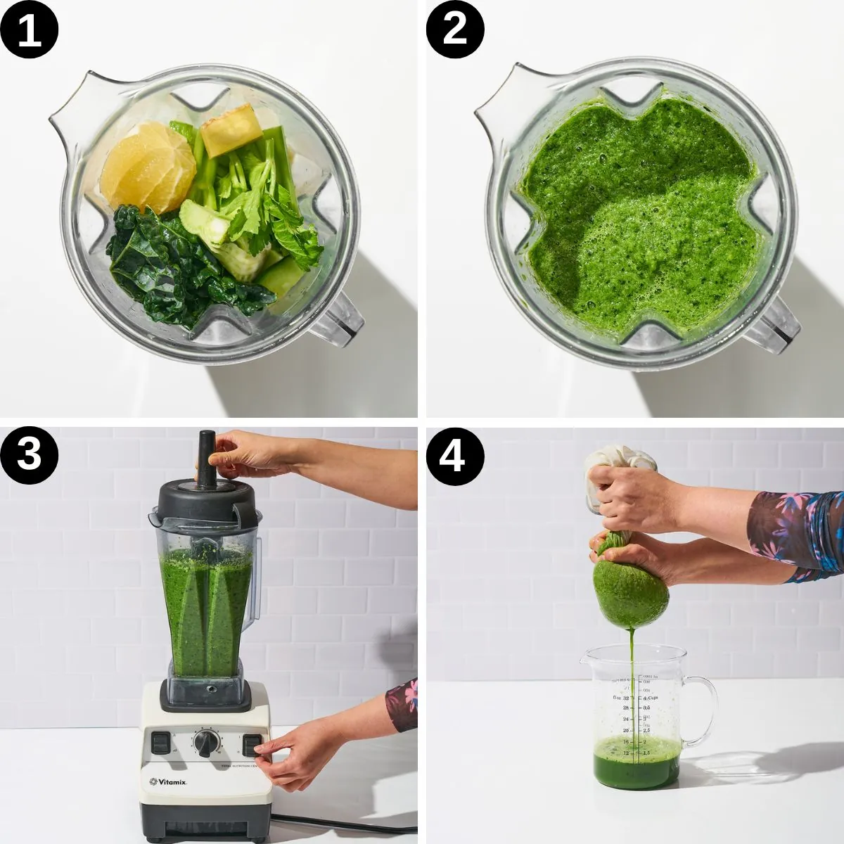 Close up of smooth celery juice inside a high-performance blender jar.