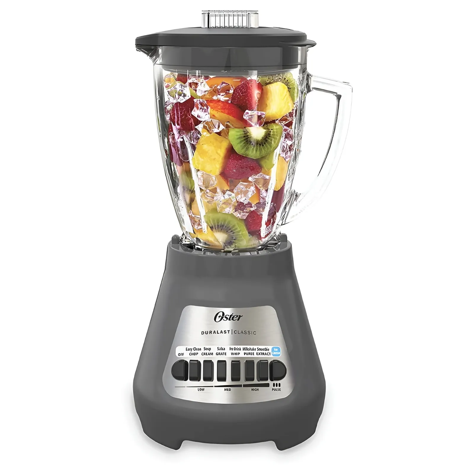 Compact Oster blender on a counter beside fresh fruit and a blank price tag