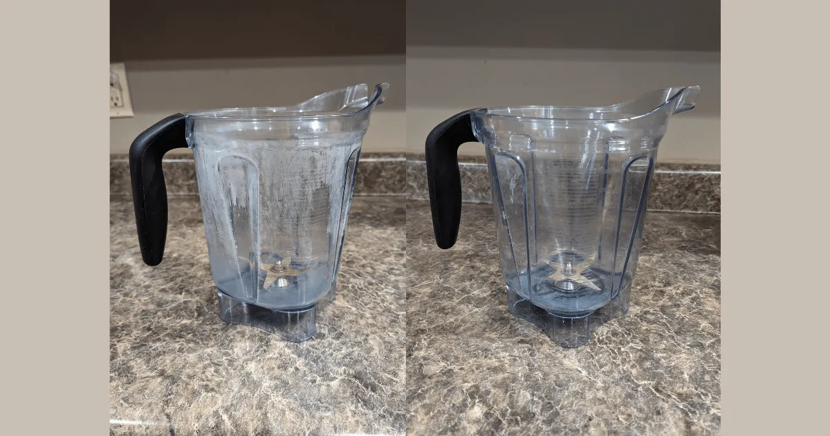 Comparison of clear versus cloudy Vitamix blender jars on a table