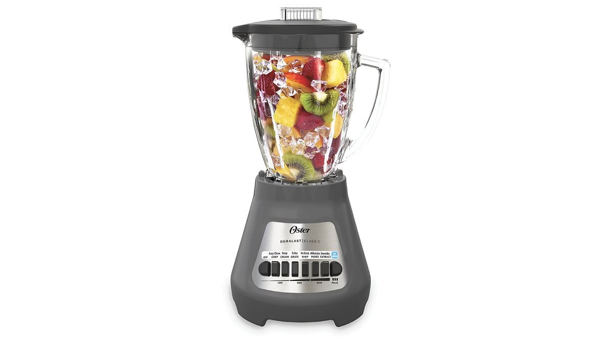Countertop blender with glass jar on a bright kitchen counter