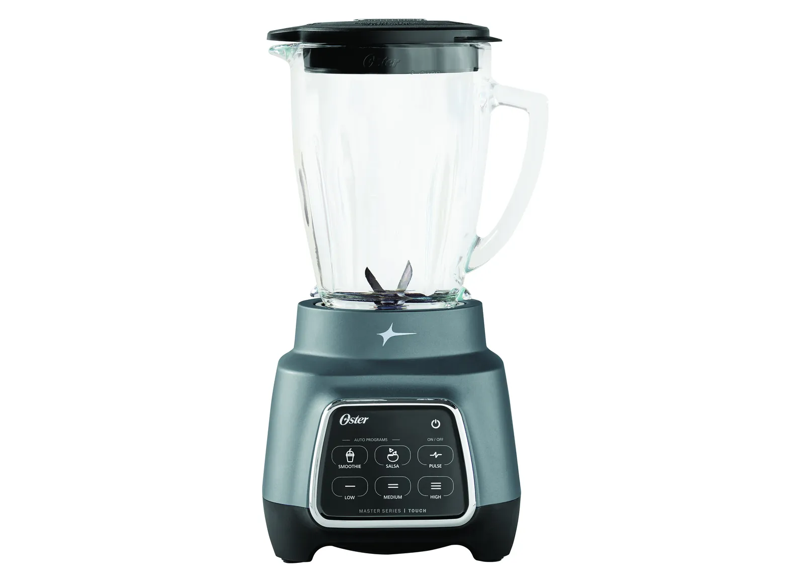 Dead Oster blender with dark panel and smoke, unplugged on counter