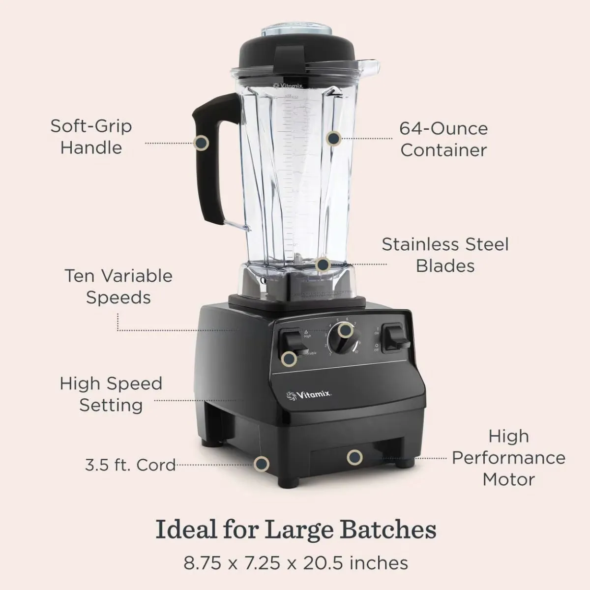 A hand adjusts the manual speed dial on a Vitamix 5200 blender in a kitchen.