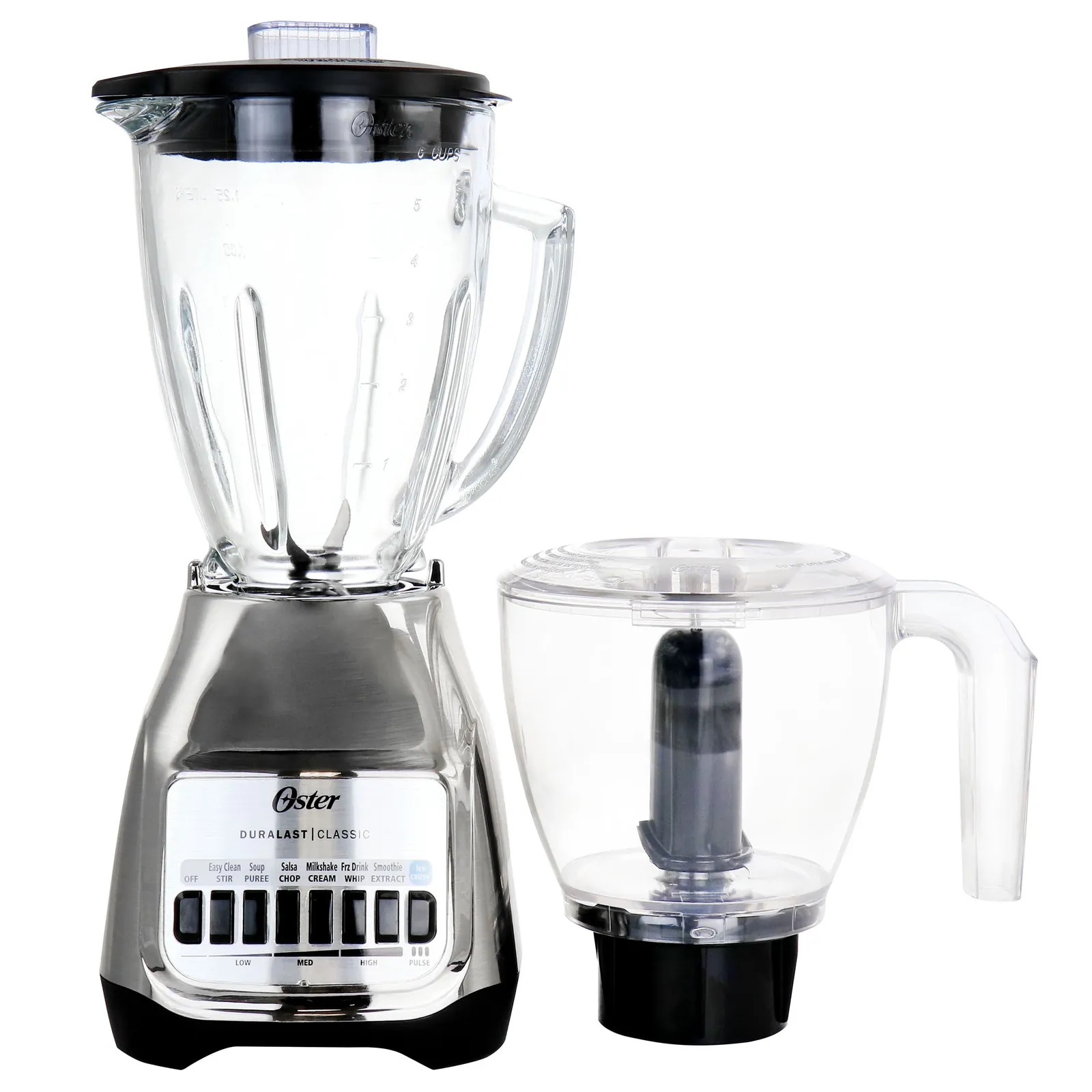 Hand pressing button on Oster Duralast blender making green smoothie