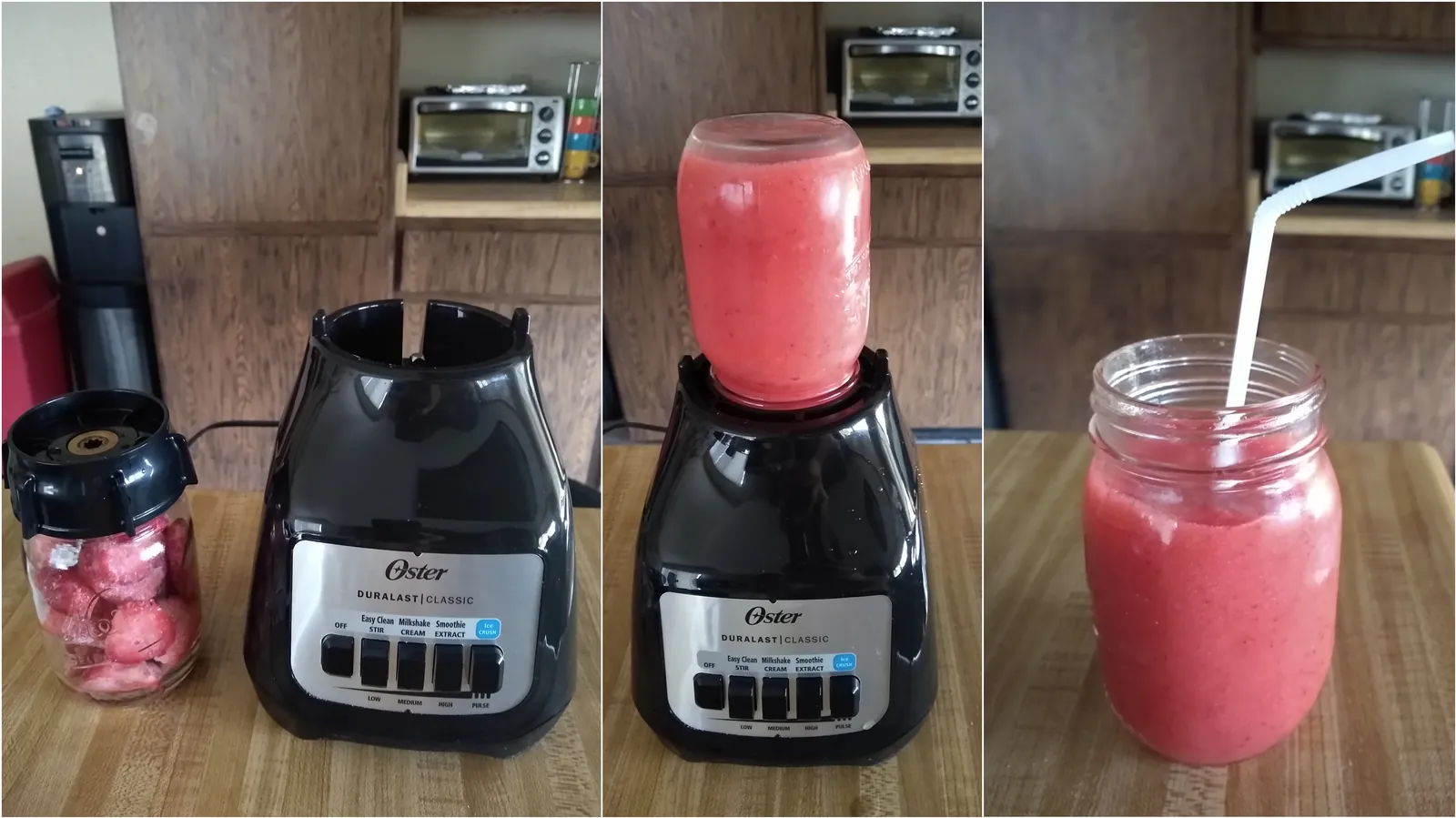 Hands adding liquid and ingredients into an Oster blender jar before blending