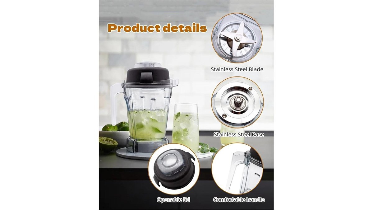 High-performance blender replacement parts arranged neatly on a modern kitchen countertop.