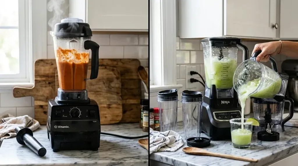 A home cook prepares a morning smoothie using a convenient blender in a bright kitchen.