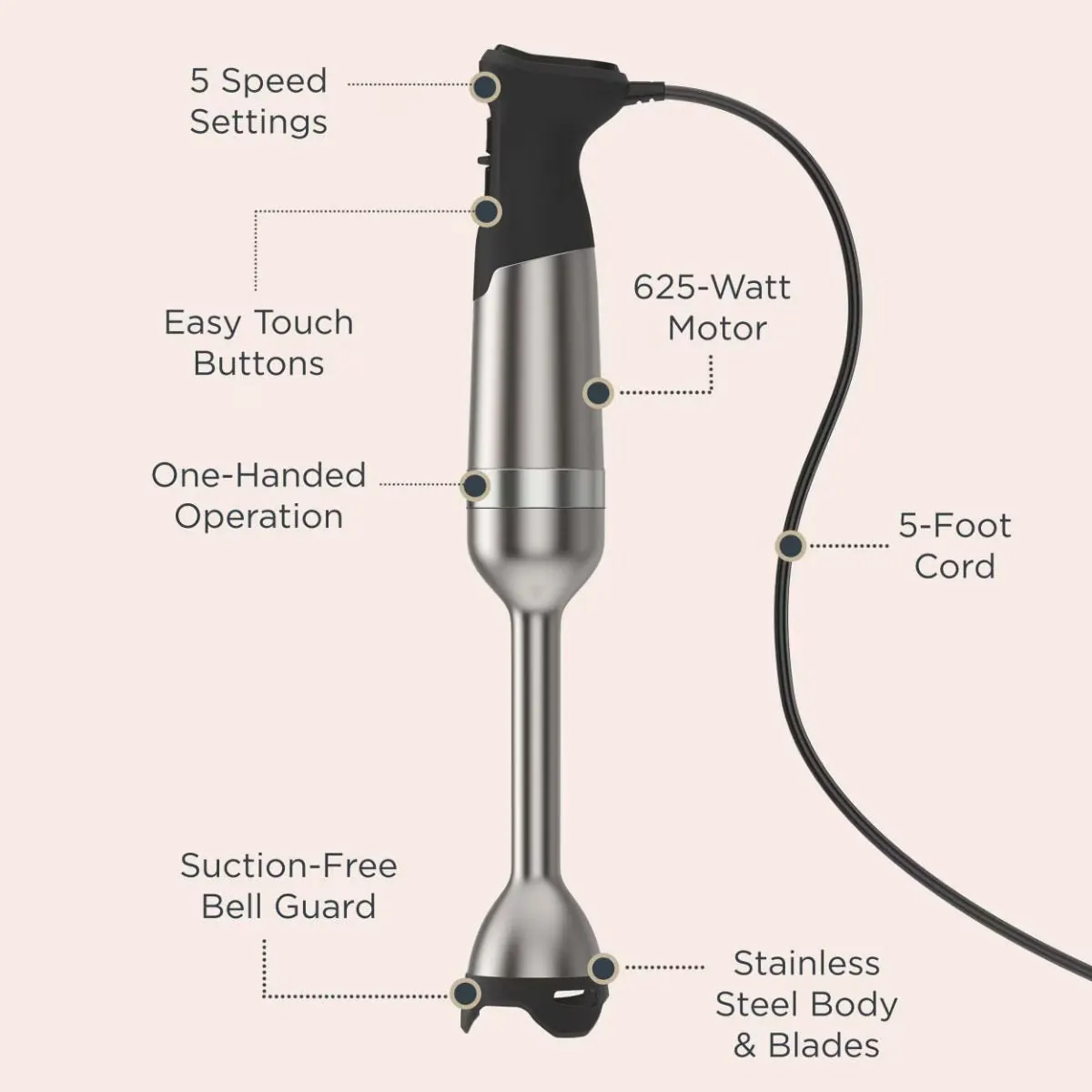 An immersion blender motor body resting safely on a dry kitchen wooden board.