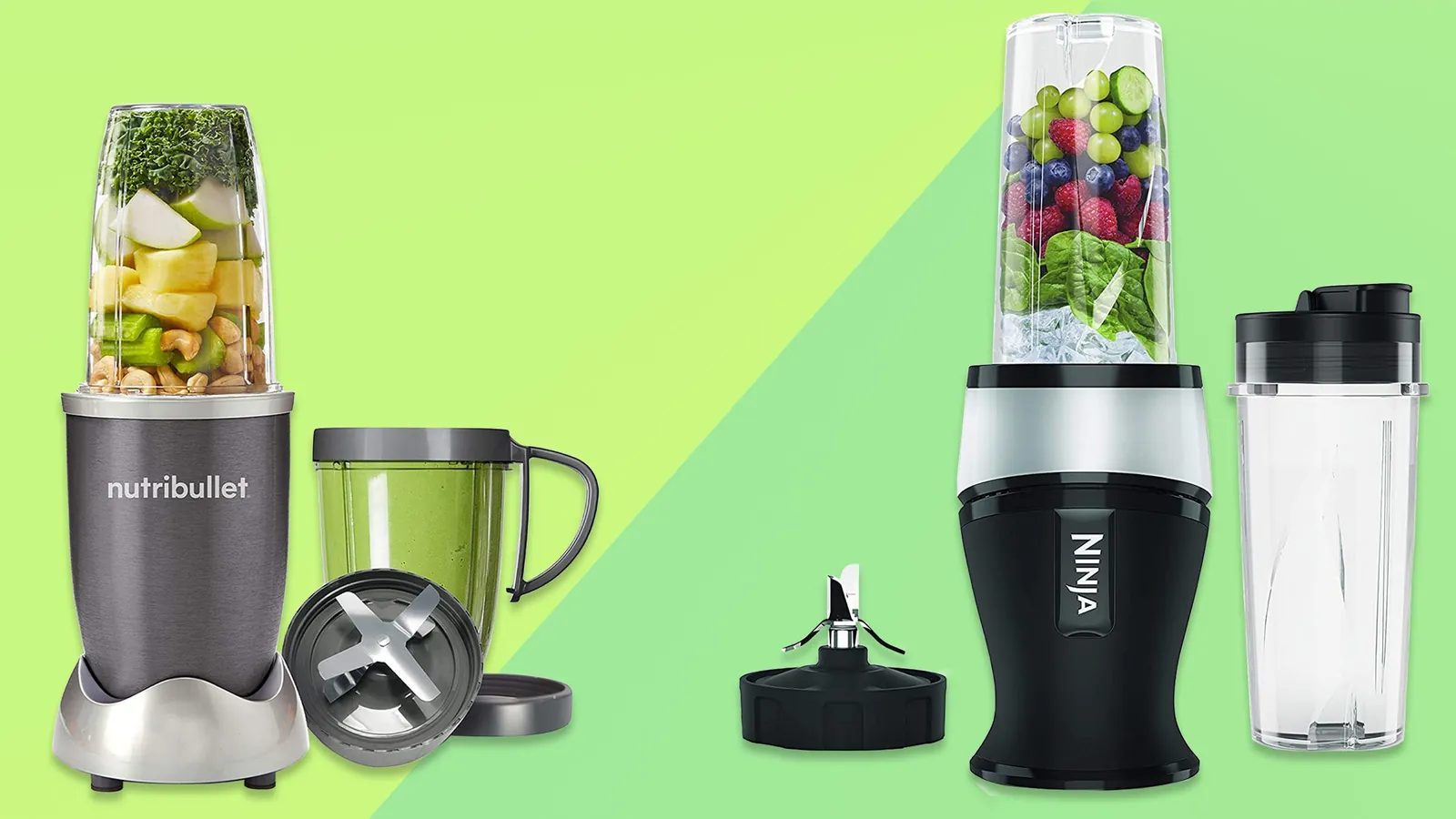 Mismatched blender cups and unused attachments on a kitchen counter