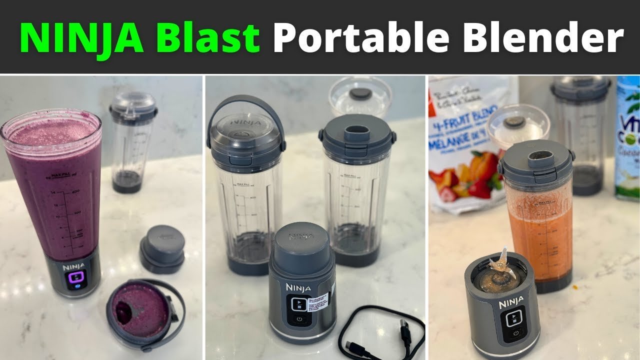 A modern Ninja Blast portable blender sits on a countertop beside fresh smoothie ingredients.