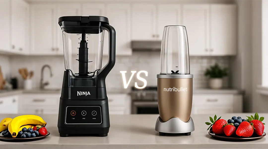 Ninja and Nutribullet blenders with fresh ingredients on a counter