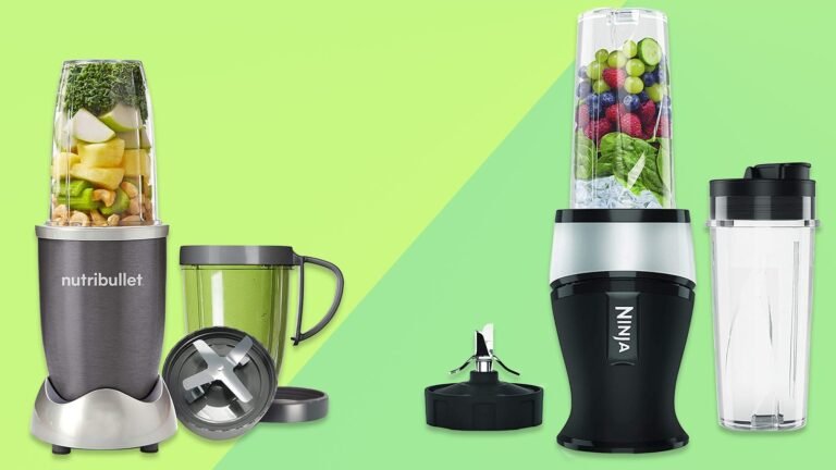 Ninja and Nutribullet blenders side by side on a kitchen counter
