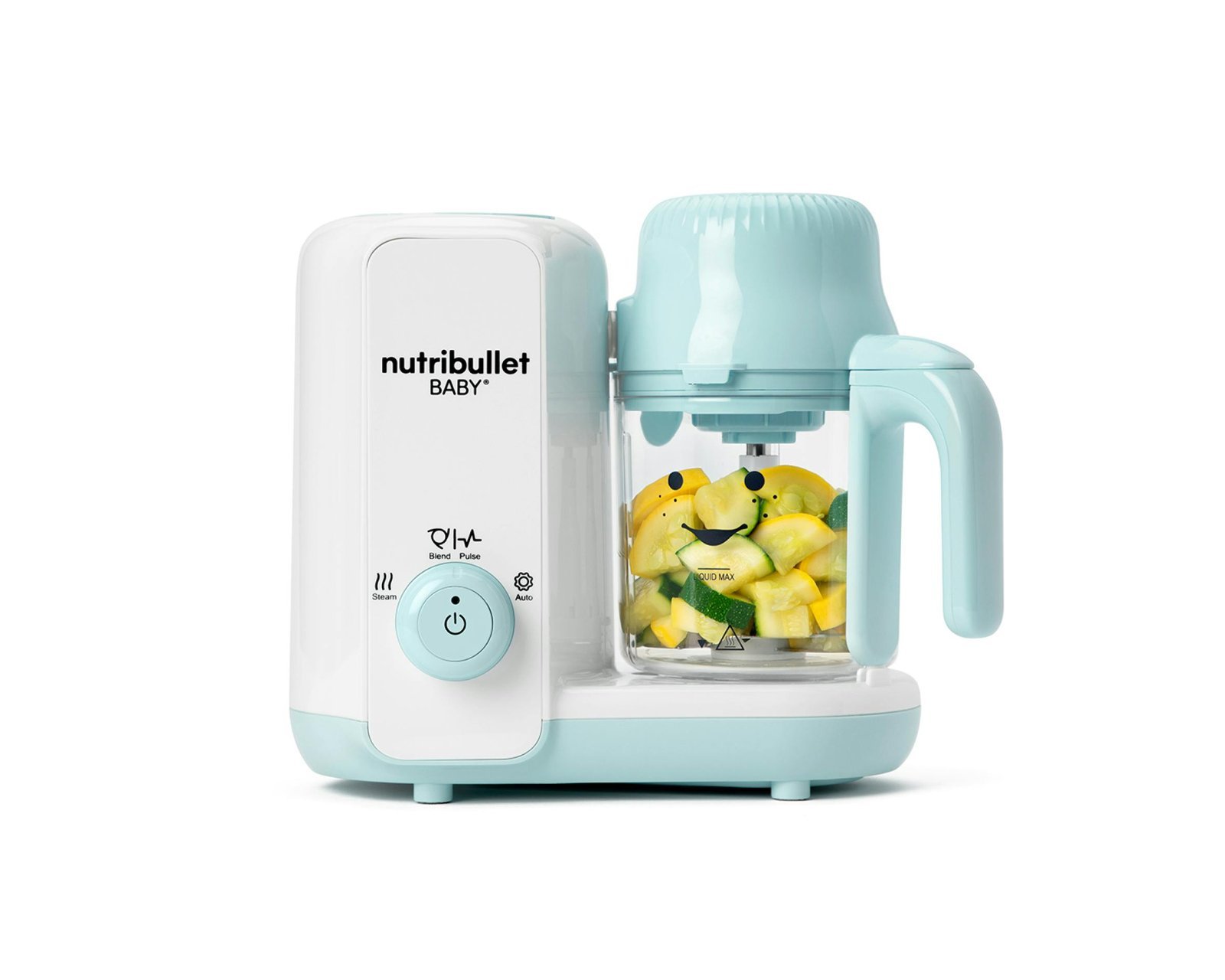 Nutribullet Baby steamer and blender on a kitchen counter with fresh vegetables and puree