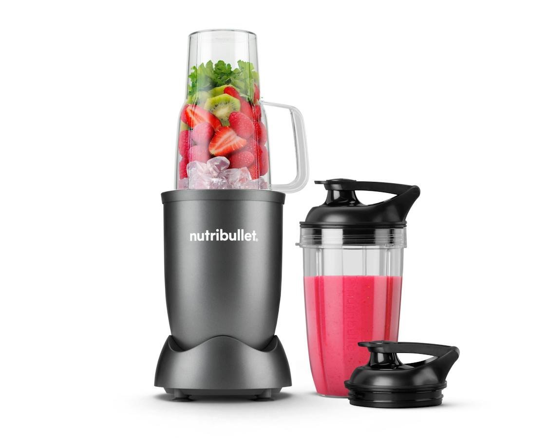 Nutribullet blender cup with blade lid on a kitchen counter