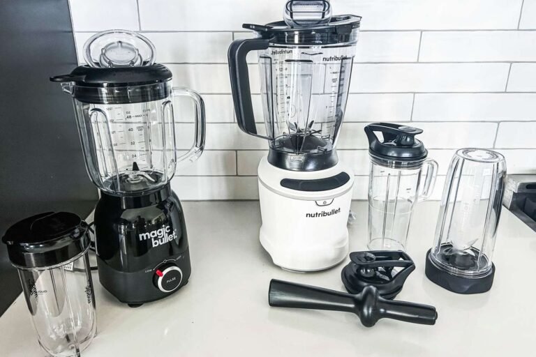 Nutribullet and Magic Bullet blenders side by side on a kitchen counter
