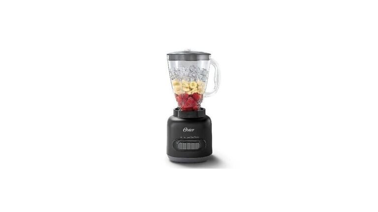 Oster blender with five speed dial on a bright kitchen counter with fresh fruit