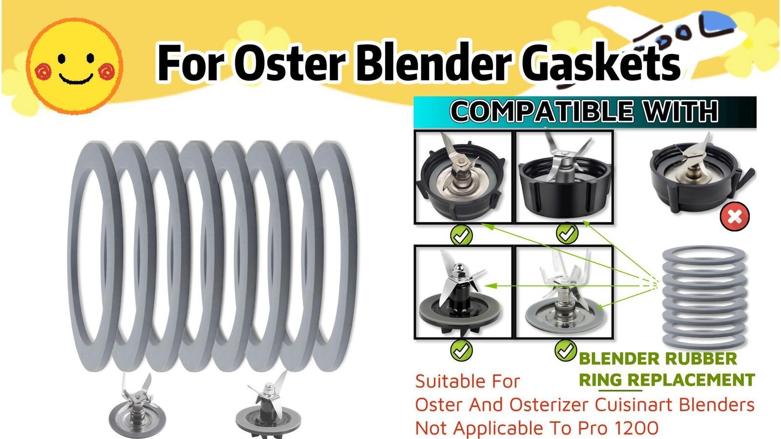 Oster blender gasket beside a glass blender jar on a kitchen counter