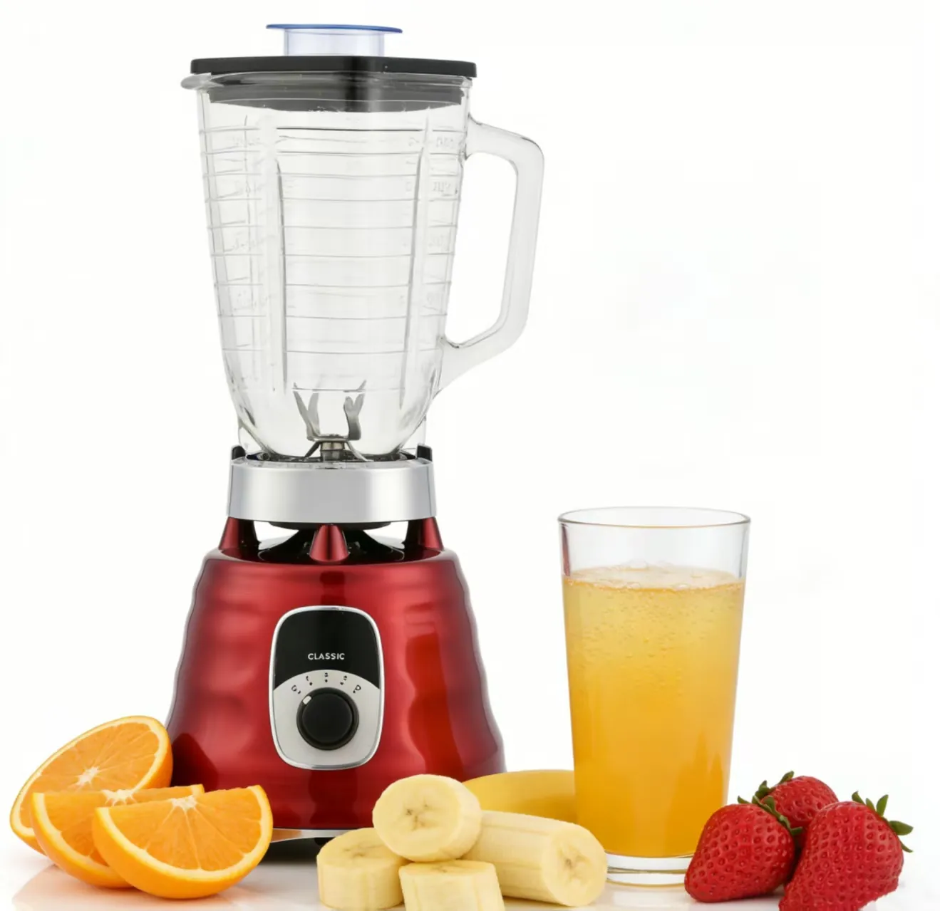 Oster blender with ice cubes and water on kitchen counter