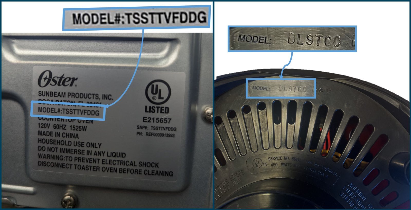 Oster blender on kitchen counter showing model number label underneath