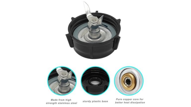 Oster blender parts laid out beside a blender base on a kitchen counter