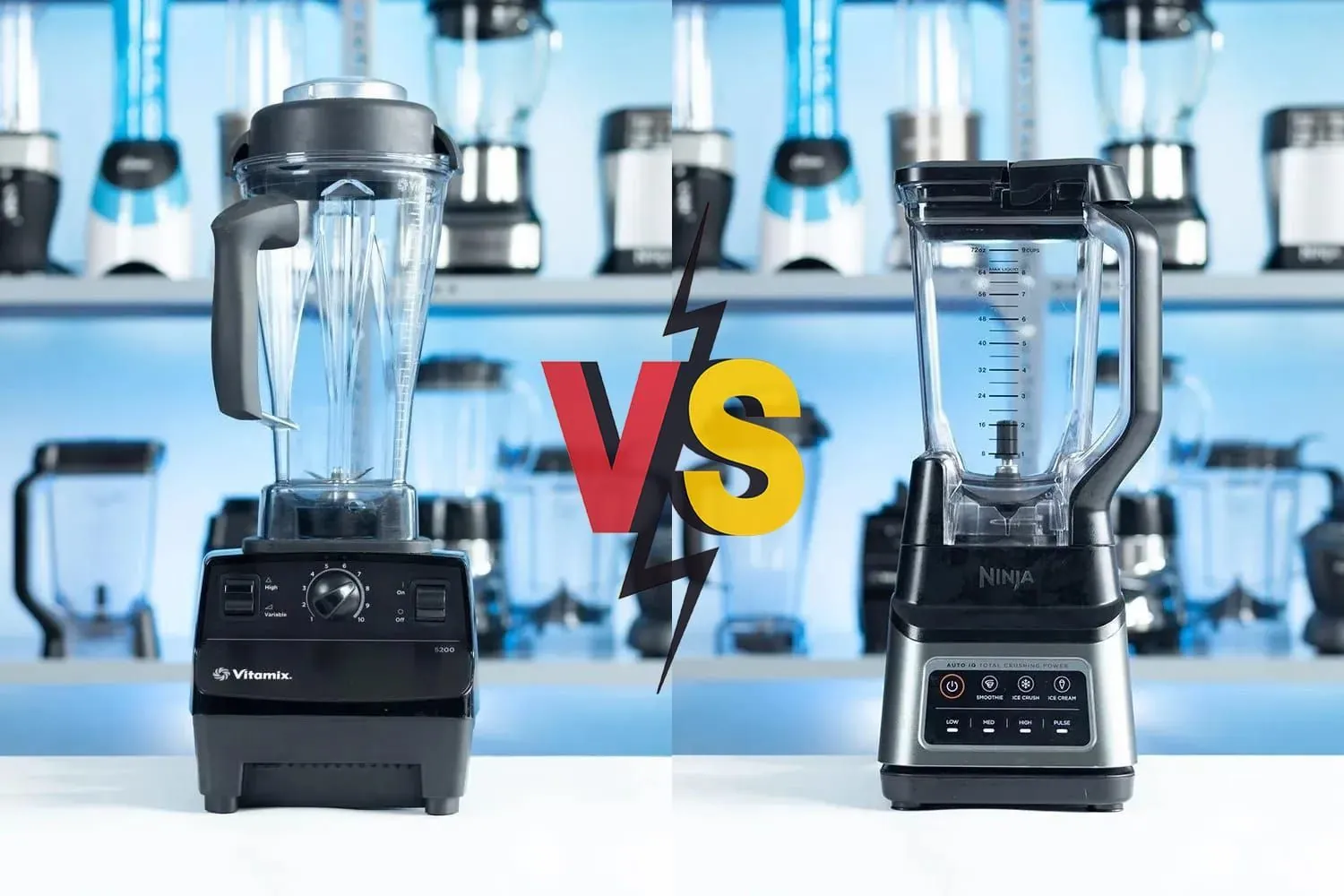 A perfectly smooth green smoothie sits beside a high-performance blender on a kitchen counter.