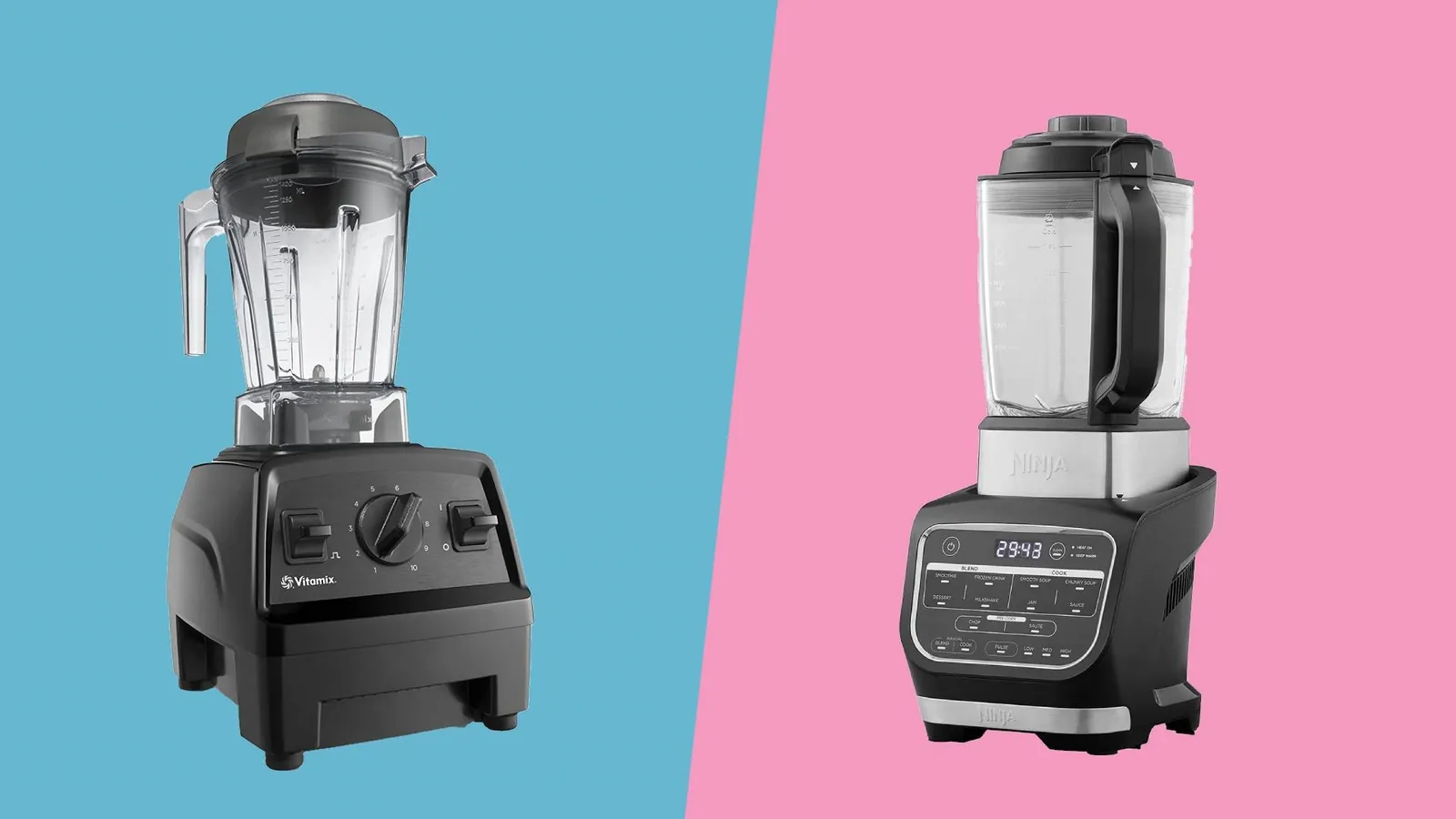 A person evaluates a professional blender versus a multipurpose kitchen appliance.