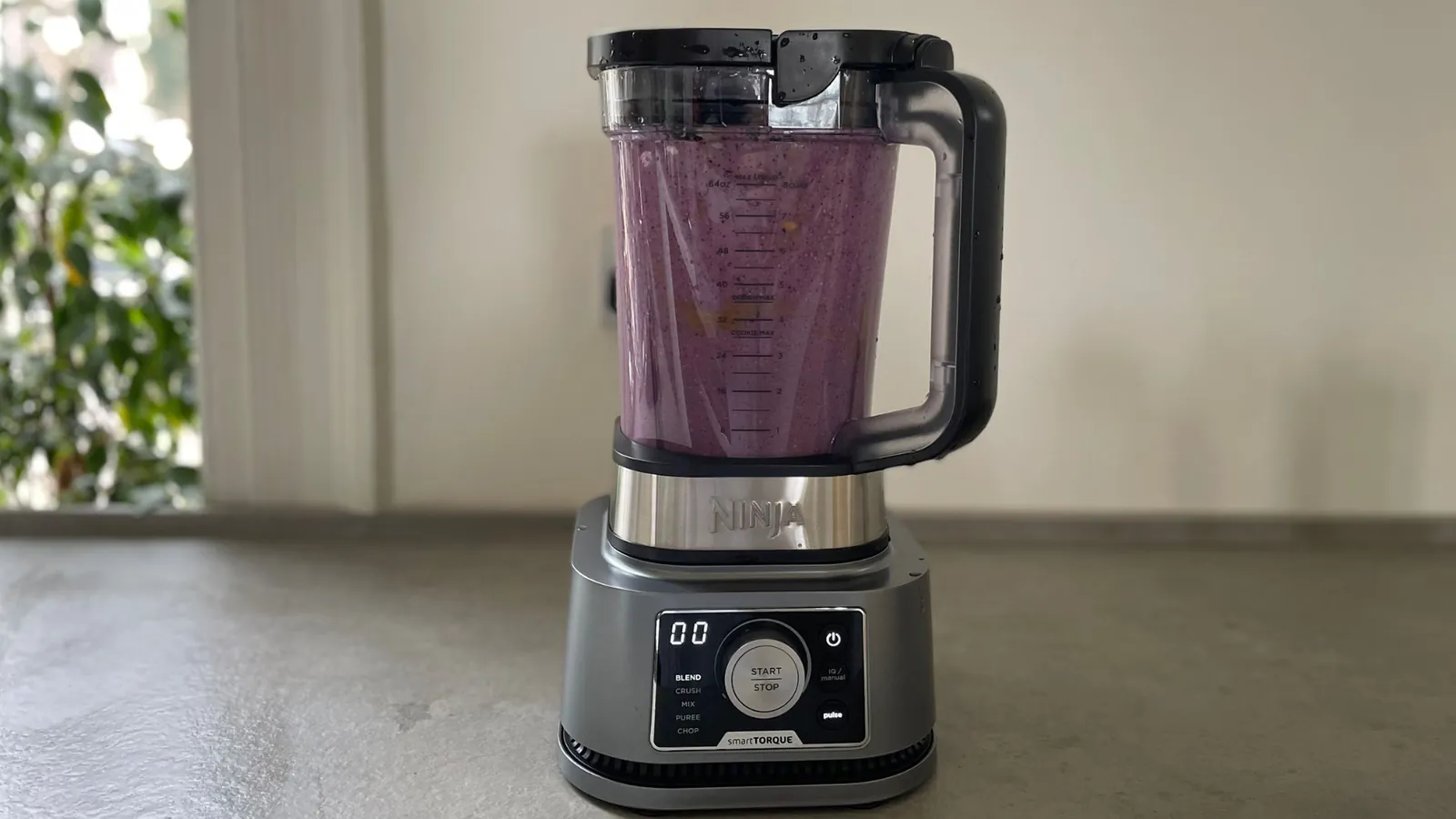 A person prepares to use a Ninja blender for making fresh vegetable purees.