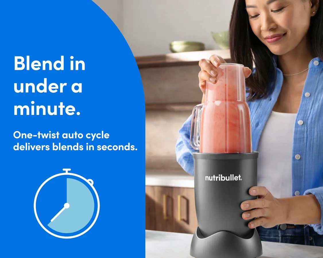 Personal blender beside immersion blender and soup pot in kitchen