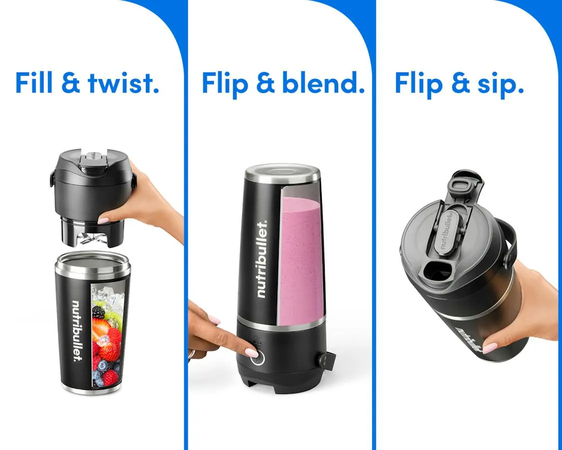 Personal blender on counter with box, used cup and notebook