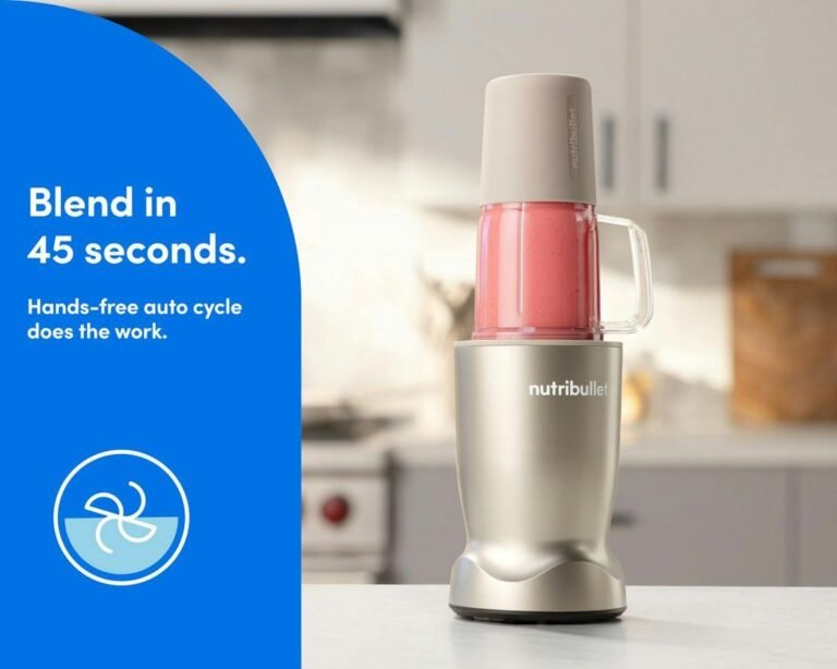 Personal blender with fruit and greens on a kitchen counter