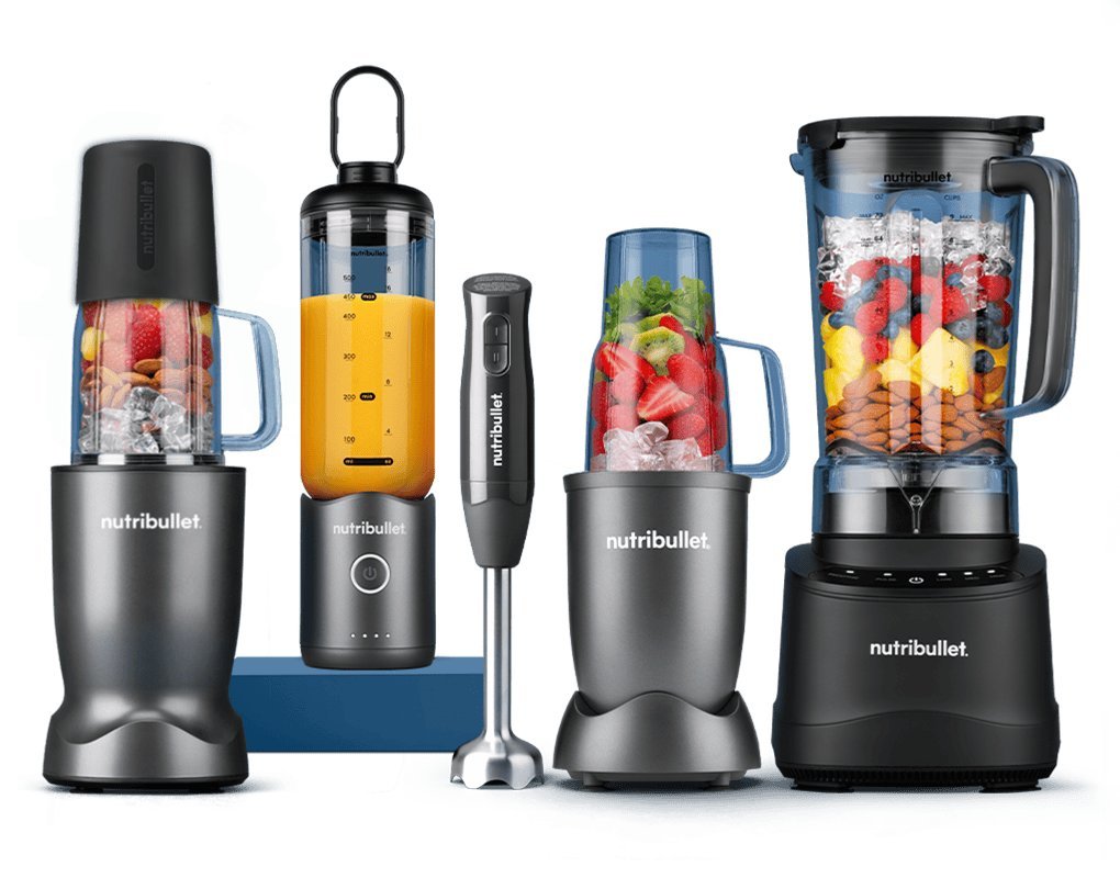 Personal bullet blender with smoothie on a bright kitchen counter