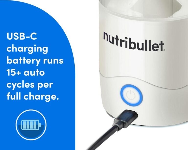 Portable blender on kitchen counter beside USB charging cable