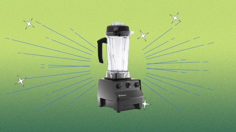 A professional blender sits on a marble countertop ready for daily kitchen use.