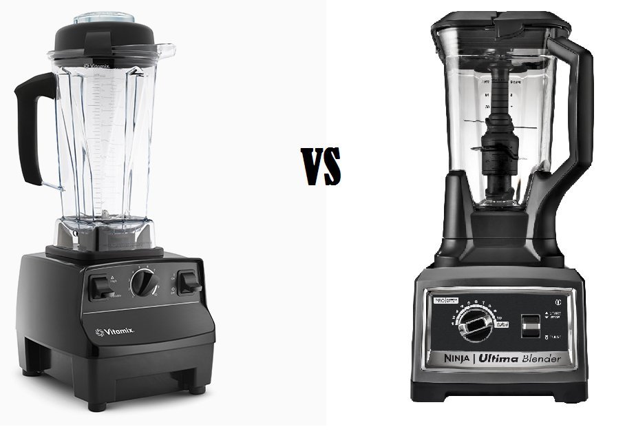 A professional Vitamix blender and a consumer Ninja blender displayed side by side on a kitchen counter.