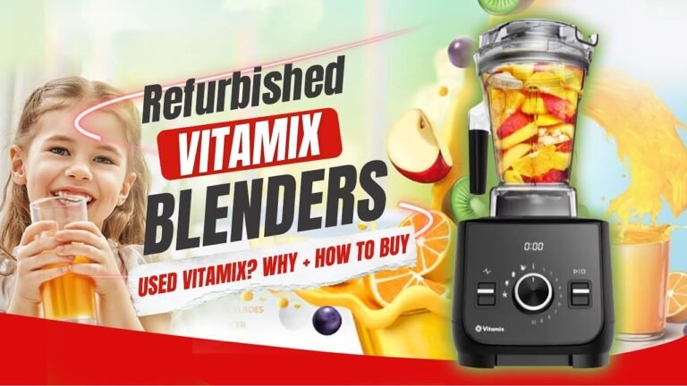 A professional Vitamix blender sits on a marble countertop in a bright modern kitchen.