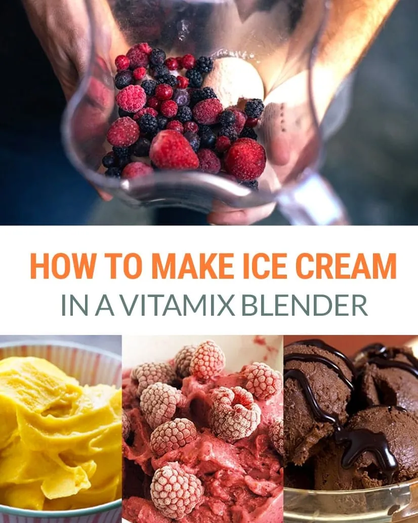 Ripe black-spotted bananas on a baking sheet beside a Vitamix container blending creamy banana-cocoa ice cream.