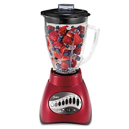 Small Oster blender beside a large high-capacity blender on a counter