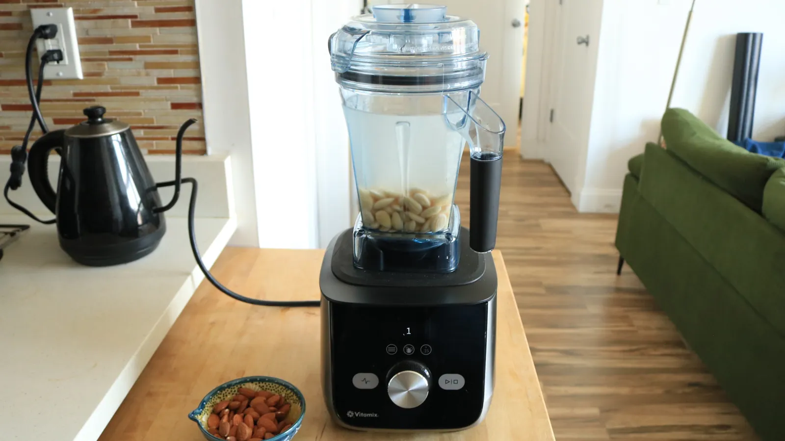 Stored homemade almond milk in a glass jar ready for refrigeration and use