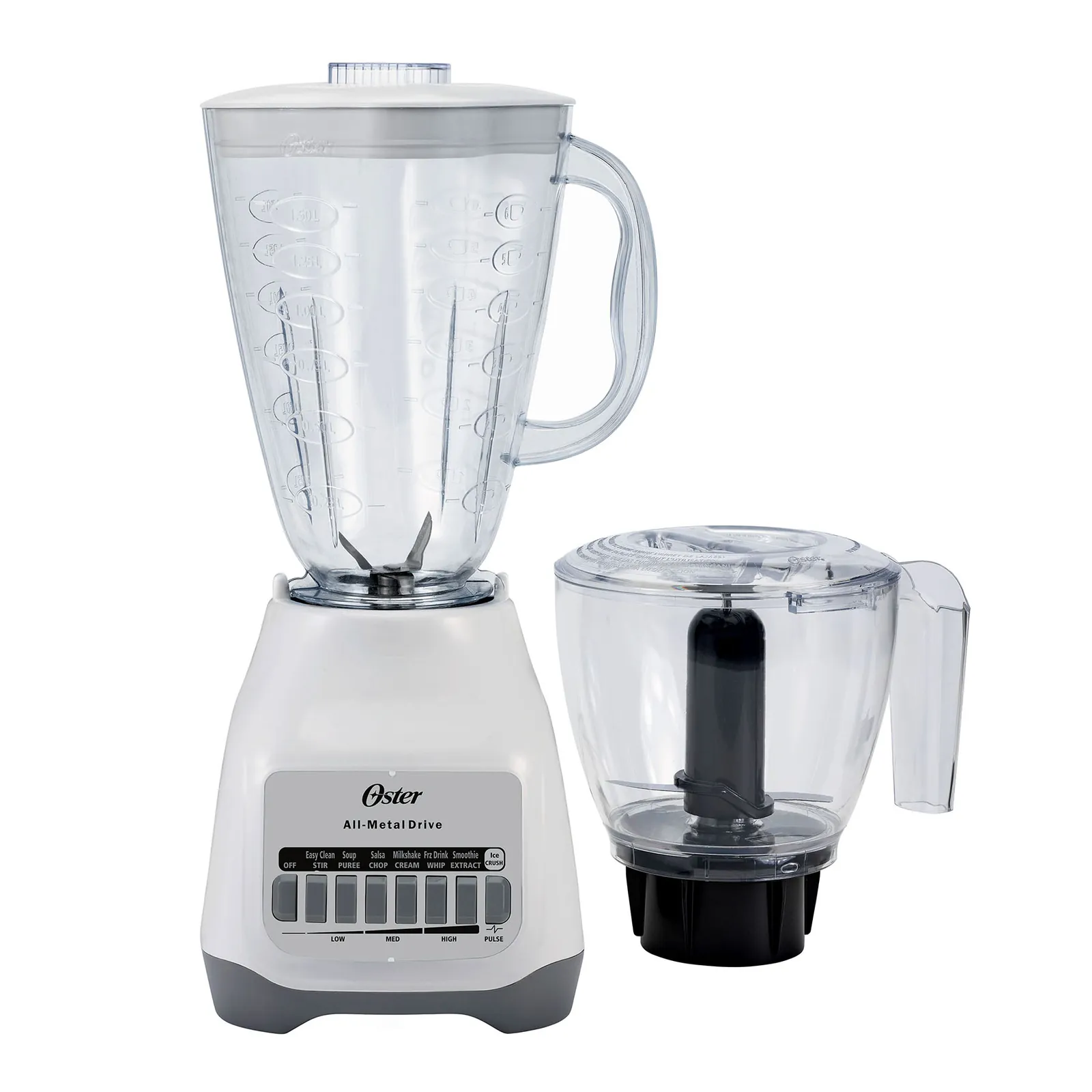 Two cooks pulsing an Oster blender and scraping a food processor bowl