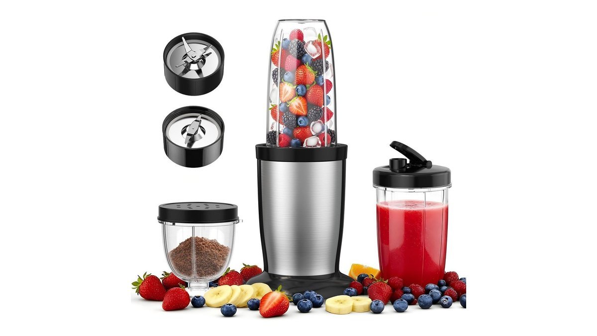 Two glass blender jars beside a white blender base on a kitchen counter