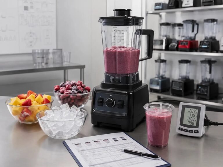 Vitamix blender on a kitchen counter next to frozen bananas and spinach under soft natural light