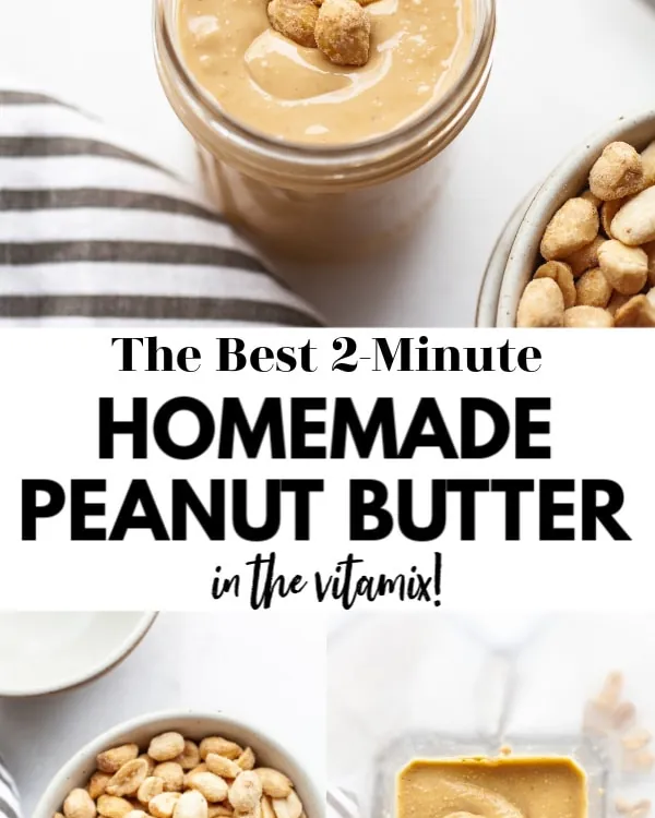 Vitamix blender next to raw peanuts and salt for homemade peanut butter