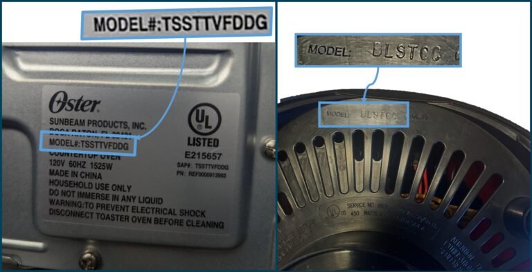White Oster blender base tilted to show model number label
